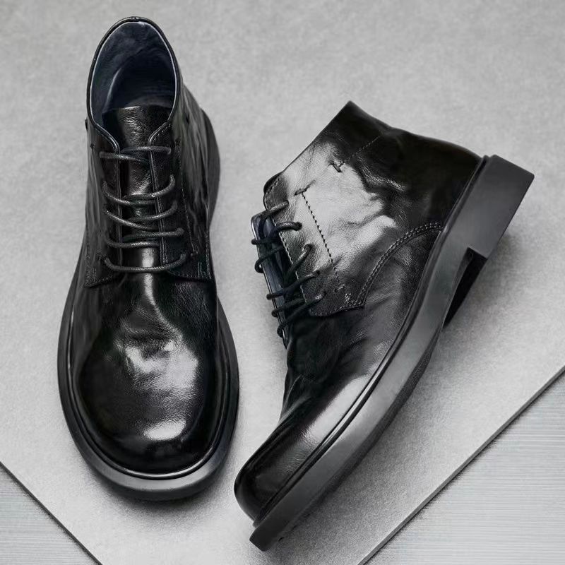 Men's shoes 2026 with plush cowhide high-end men's boots men's leather casual high top leather shoes short boots round toe soft