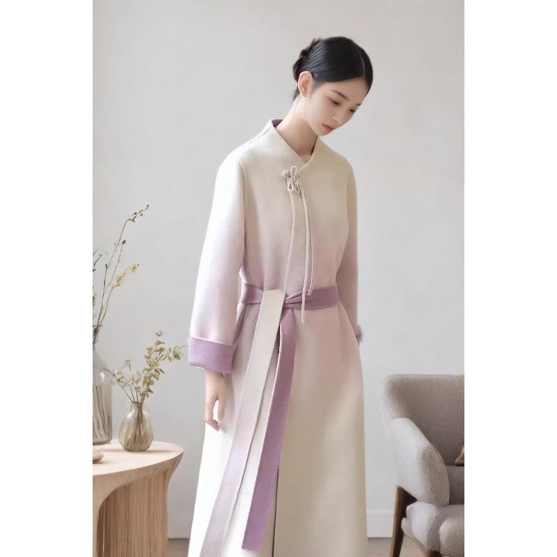 Fashionable Literary Classic Style Standing Collar Long Woolen Coat  with Belted Waist