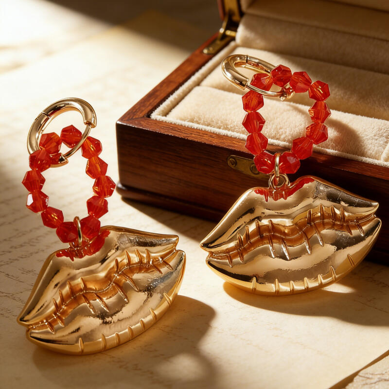Exaggerated Metal Large Lip Drop Earrings for Women Ladies Personality Red Beaded Splicing Dangle Earrings Jewelry Accessories