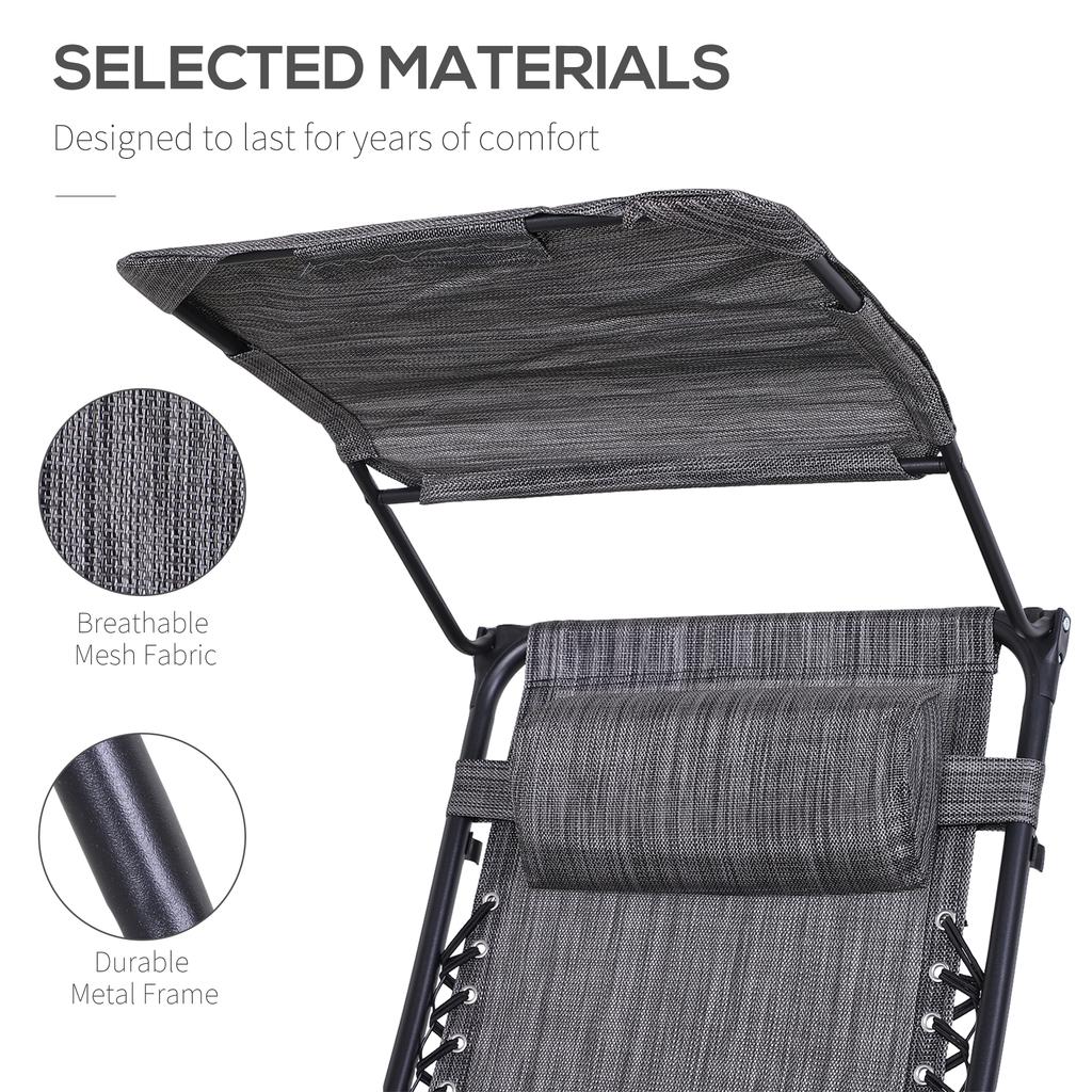 Foldable Reclining Garden Chair with Headrest, Zero Gravity Deck Sun Lounger Seat Chair with Footrest, Armrest, Cup Holder & Canopy Shade, Grey