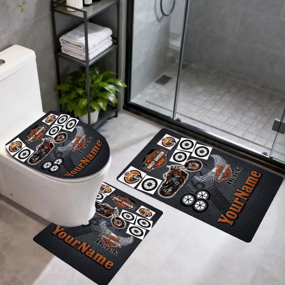 Harleydavidson Motorcycles Customize Your Name 3Pcs Bathroom Mat Set Toilet Lid Cover Ushaped Foot Mat Nonslip Floor Mat Decor For Bathroom