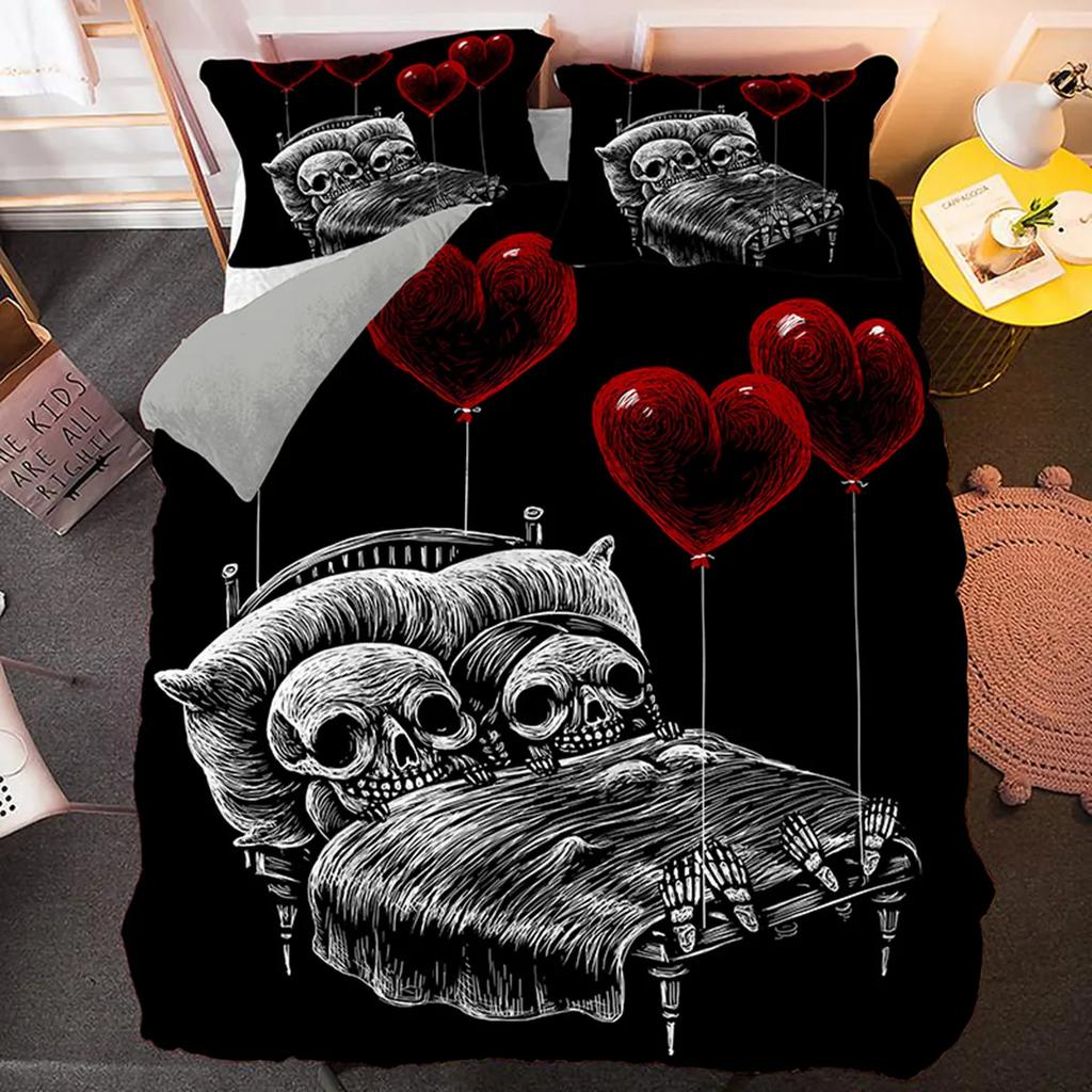 3D Skull Funny Skeleton Smoking Pattern Duvet Cover Halloween Black Skull Theme Bedroom Decoration for Children Teens Women Men