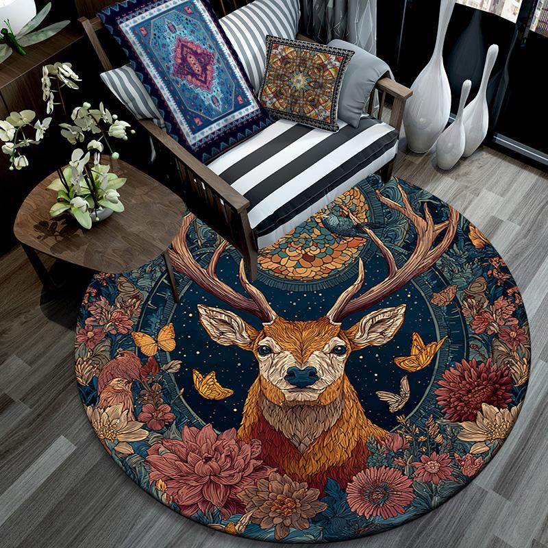 Deer Round Area Rug,Carpet Rug for Living Room Bedroom Sofa Playroom Decor,Non-slip Floor Mat