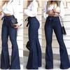 Jeans da donna, tinta unita, vita alta, pantaloni a zampa, cerniera, tasche piatte, stile streetwear, slim, patchwork, bottoni, cintura leggermente elasticizzata
