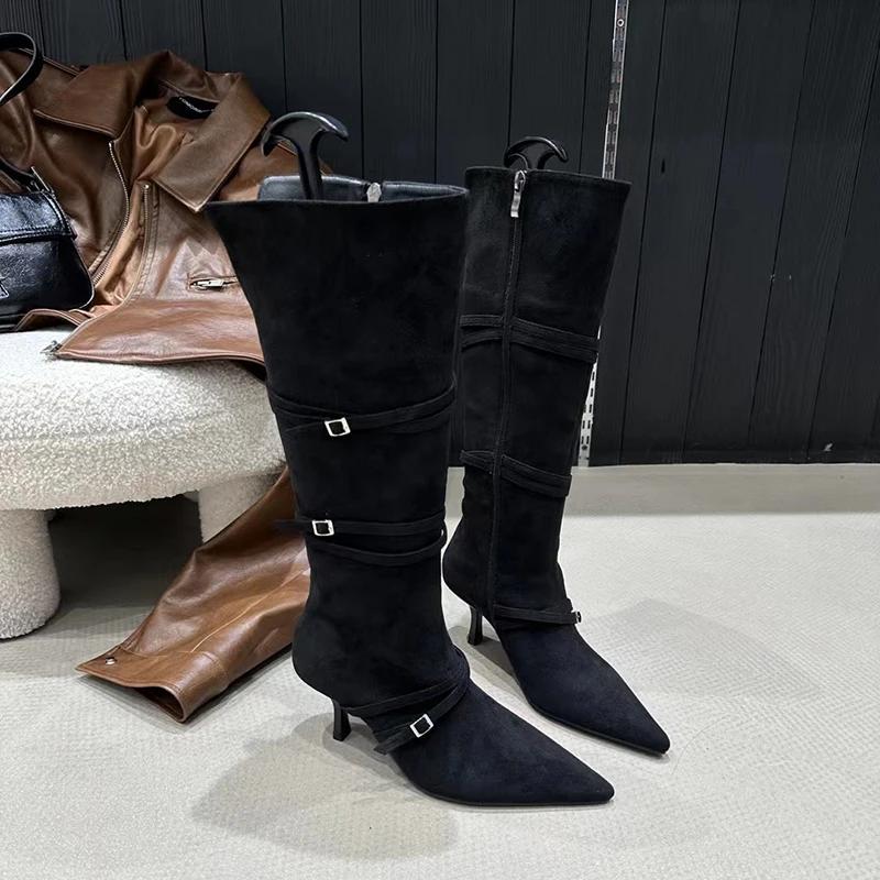 

Уличный стиль, женские сапоги до колена, модные, с острым носком, длинные сапоги, дизайнерские, на тонком высоком каблуке, Botas De Mujer 39 чёрный