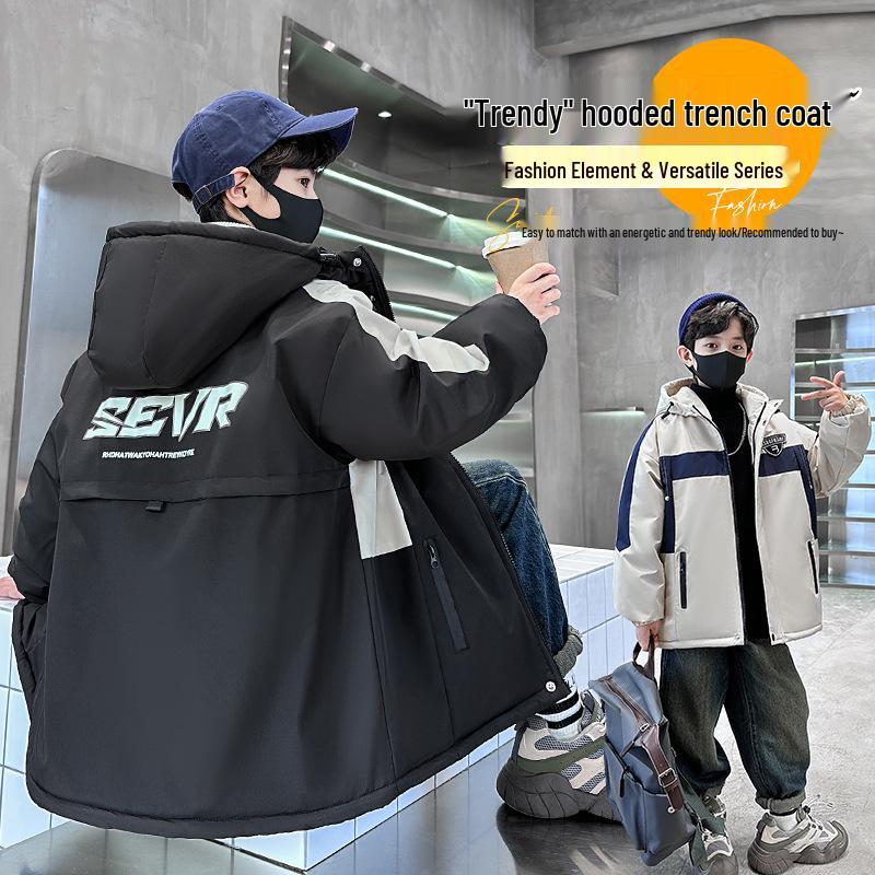 Jungen 2025 Winter Fleecegefütterte Baumwolljacke - Verdickter Parka für mittlere und große Kinder, trendige Workwear-Jacke