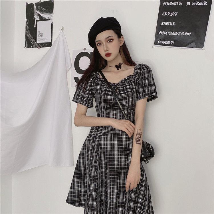 Kleider Frauen Kurzarm Schwarz Plaid Knielangen Hohe Taille A-linie Quadrat Kragen Mädchen Süße Harajuku Streetwear Sommer