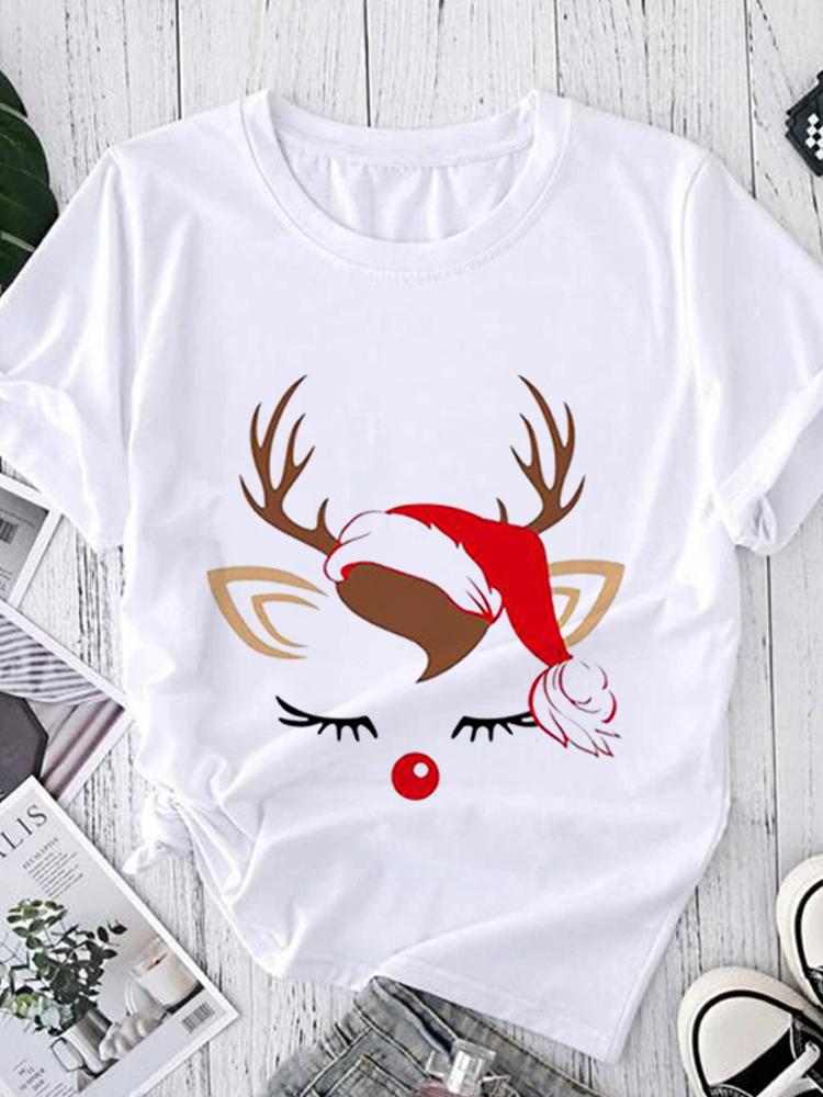 Women Tees Graphic Cartoon Christmas Print Wear Vacation Tops Tees Ladies Short Sleeve 90S Summer Fashion Trend Tshirt T-Shirt
