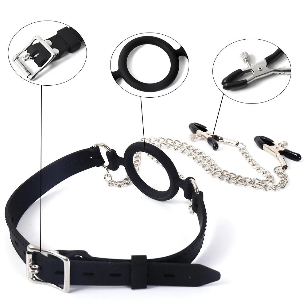 All Silicone Open Mouth O Ring Gag With Nipple Clamps  Bondage Harness Locking Belt Sexyshop Erotic Accessories For Adults