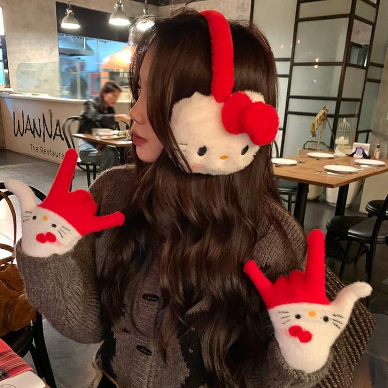 Cute Cartoon Hello Kitty Plush Gloves Student Cycling Winter Warm Five-Finger Gloves  Accessories Holiday Gifts
