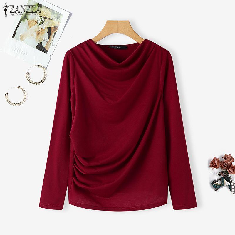 ZANZEA Women Casual Pile Collar Solid Color Long Sleeve Blouse