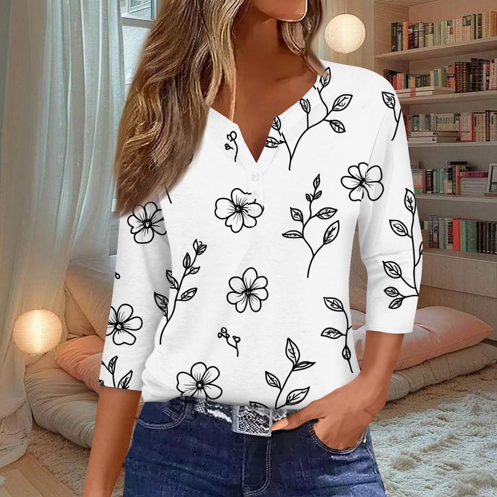 Damenmode Lässiges T-Shirt mit Blumendruck, V-Ausschnitt, dekorativen Knöpfen und Dreiviertelärmeln