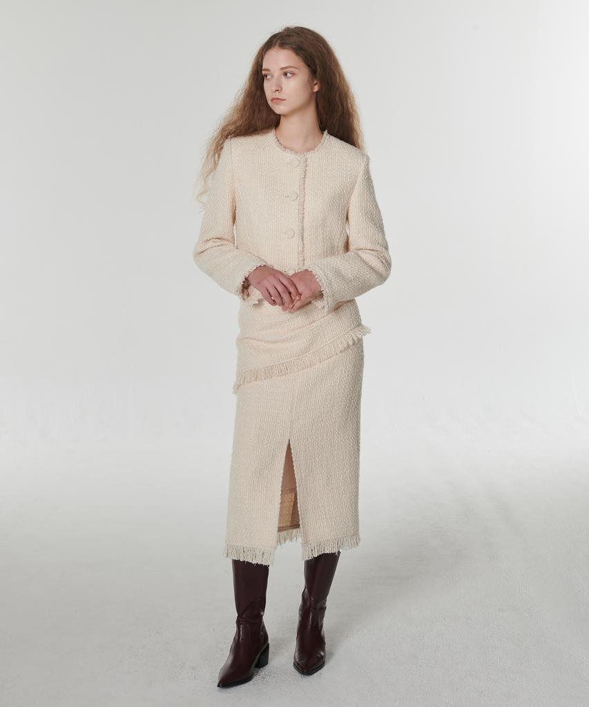 Aussel Fringed Wool Tweed Skirt Cream