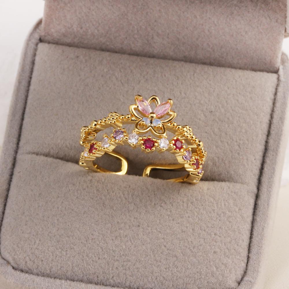 New Cute Colorful Zircon Flower Ring For Women Girl Fashion Vintage Zircon Adjustable Rings Jewelry Gift
