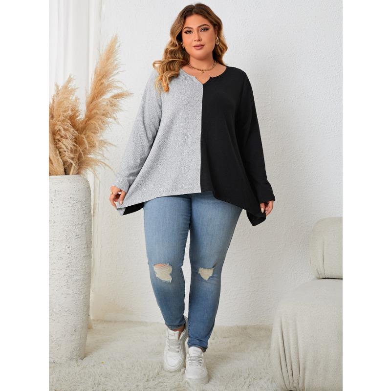 Plus Size Women S Color Block Crew Neck Long Sleeve Loose Fit Top