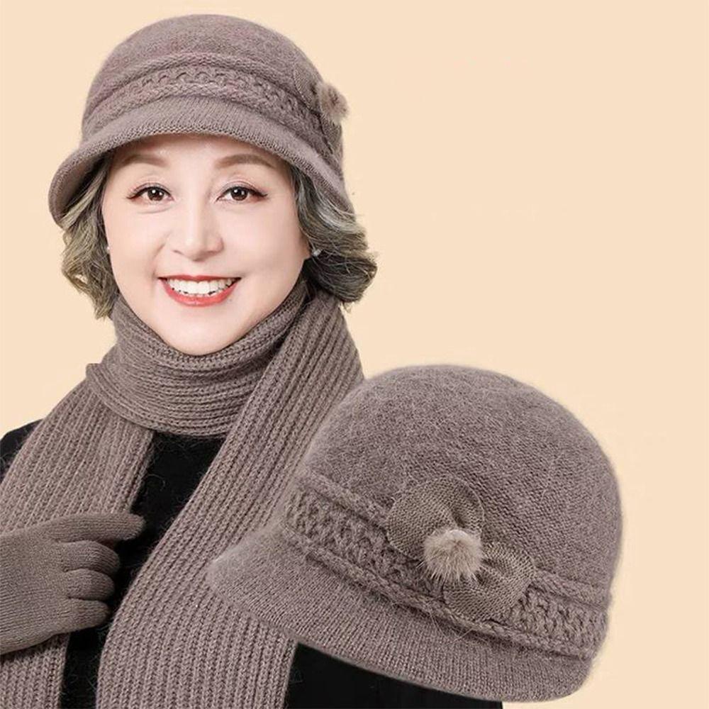 Windproof Women's Knitted Hat Plus Velvet Elderly Beret Keep Warm Mom Warmer Cap  Middle Aged