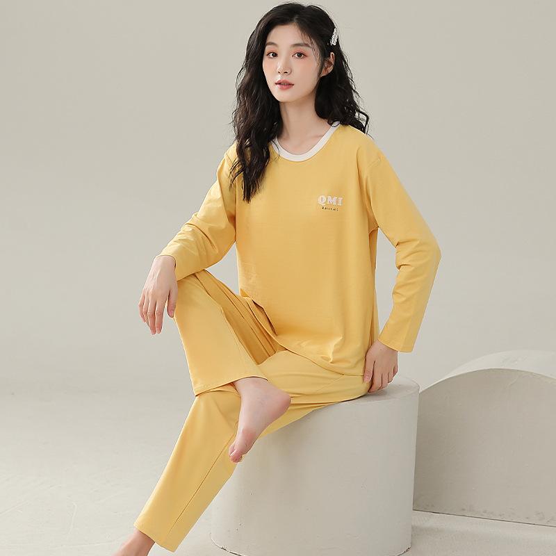 Pajamas With Chest Pads Women'S Pure Cotton Long-Sleeved Round Neck Pullover Loungewear Can Be Worn Outside
