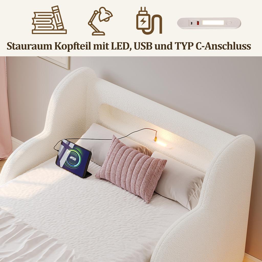 Children's Bed 90 X 200cm, Upholstered Bed, with Safety Rail, Night Light, USB Charging Port and Storage Compartments, Solid Wood Legs, Beige Bouclé