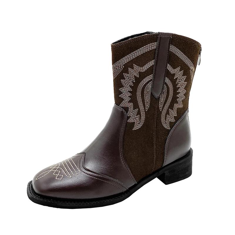 Ankelcowboyboots for kvinner semsket skinn ekte lær broderi cowgirl chunky hæler sko vinter korte ankelstøvletter