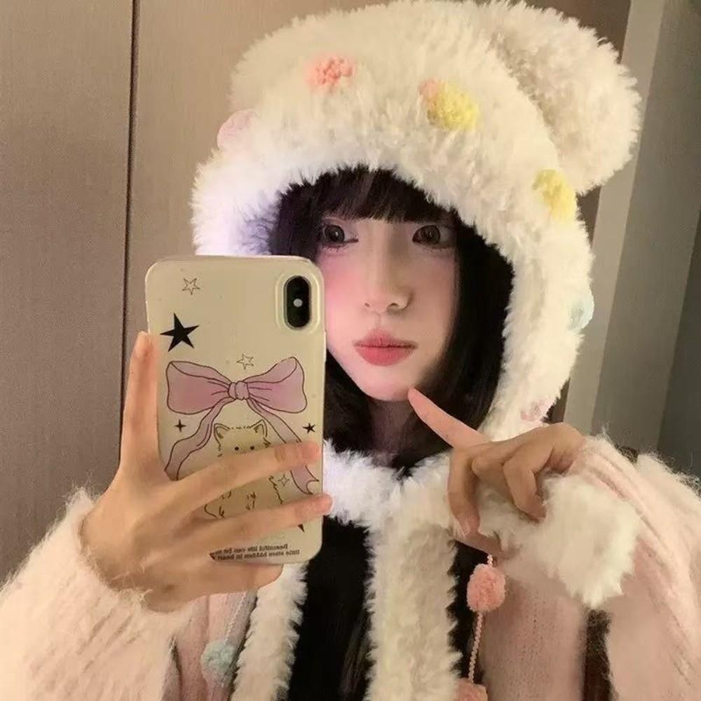Windproof Hood Cap Thickened Plush Warm Hat New Pullover Hat Winter бежевый