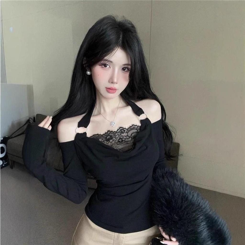 Autumn Off-Shoulder Cowl Neck Long Sleeve Halter Top