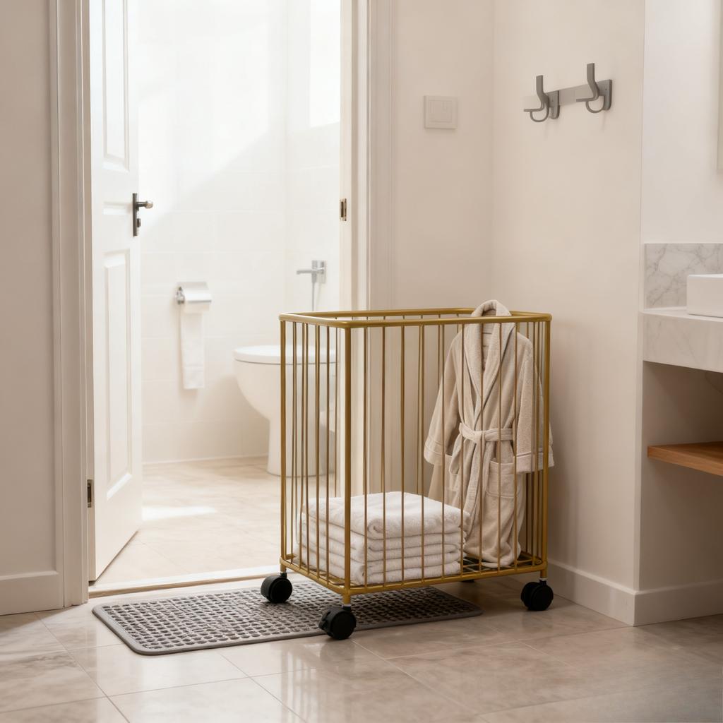 Gold Metal Openwork Laundry Hamper Cart with Wheels, Large Capacity, Foldable Storage Organizer, Rolling Laundry Sorter Basket