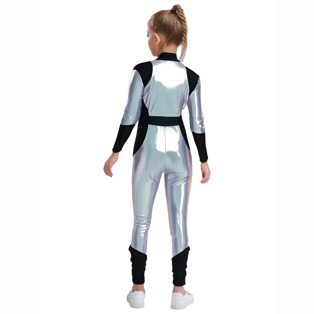 Kinder Halloween Außerirdischen Cosplay Overall: Langärmeliger Hochtaillierter Glänzender Metallischer Reißverschluss Sportlicher Body für Rollenspiele