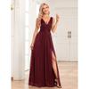 Fashionable Sparkling Chiffon Sleeve Bridesmaid Dress Double V Neck A Line Side Slit Floor Length Gown