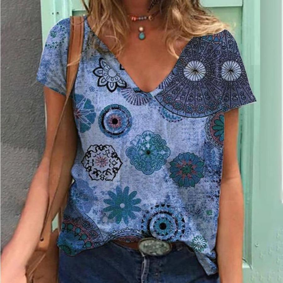 

Vintage Floral T-shirt for Couples Summer Casual Loose Sports Style 3D Printed Short Sleeve V-neck T-shirt S