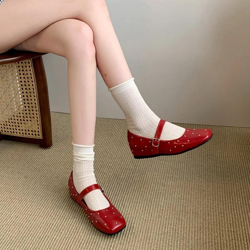 New Spring 2025 Fashion Women's Shoes Round Toe Shoeslong Socks Leather Shoes Riveted Buckles Mary Jane Women's Shoes