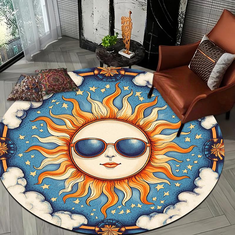 Sun Cartoon Style Theme Flannel-printed round floor mats are slip-resistant Suitable living room bedroom terrace garden carpets