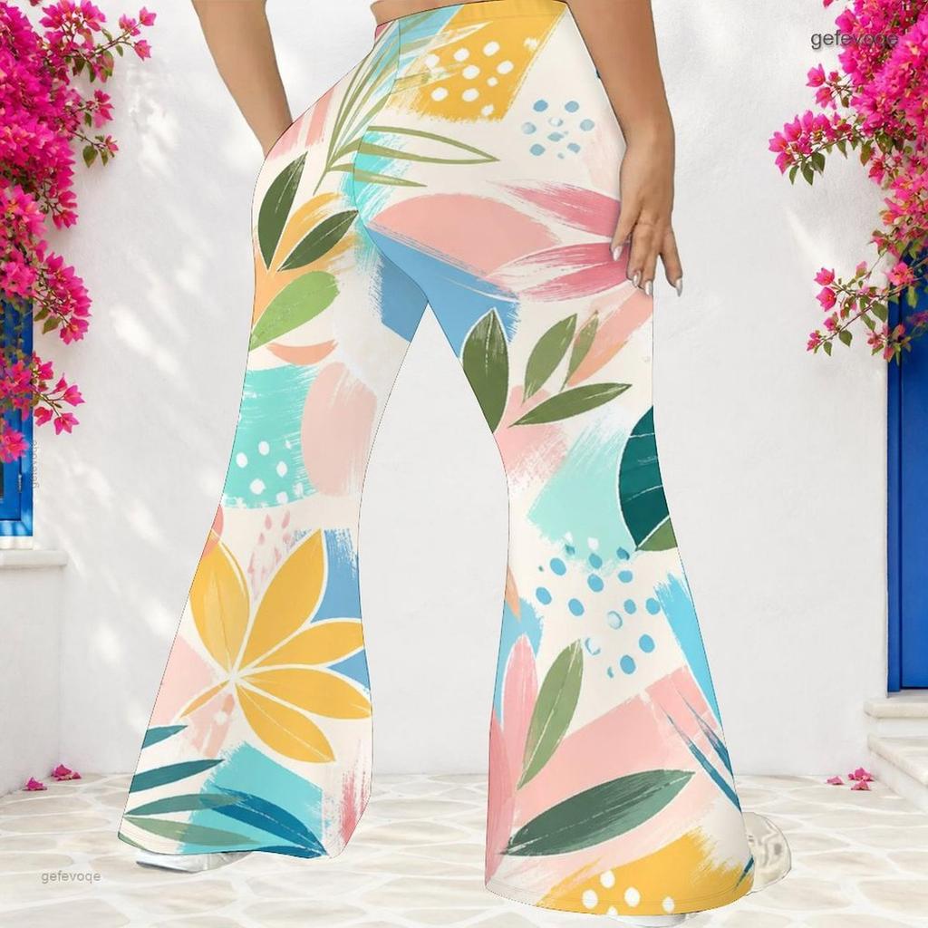 Women Plus Size High Waist Printed Full Length Flared Pants