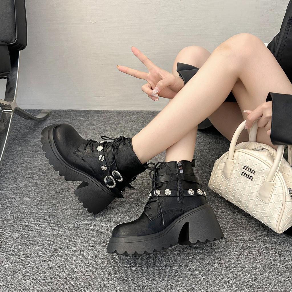 Fashion New Women's Pu Leather Ankle Boots Women Autumn Winter Round Toe Lace Up Shoes Woman Motorcycle Platform Botas Gothic Shoes