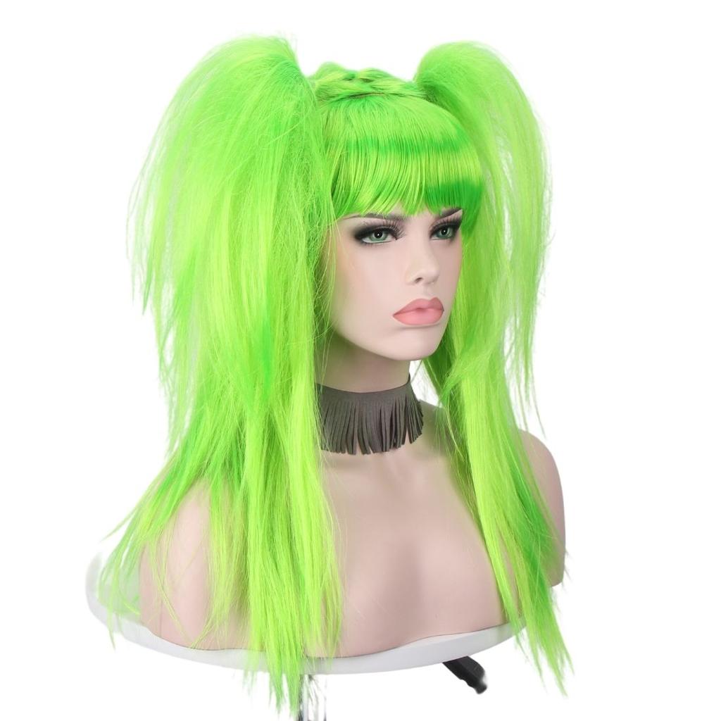 Green Neat Bangs Double Ponytail Synthetic Wig Short Medium Straight Hair Free Switching Stylish Wig for Various Occasions