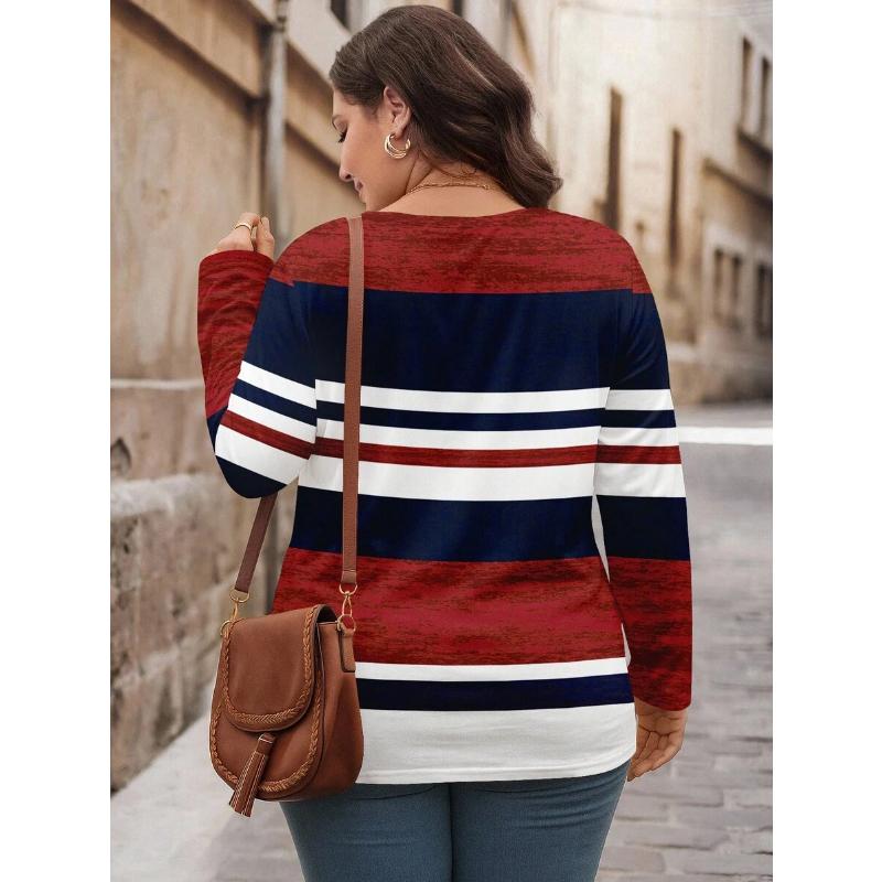 Damen Casual Rot Weiß Blau Gestreifter Druck Lockerer Schnitt Rundhalsausschnitt Langarm T-Shirt Damen Langarm Oberteile Rotes und Blaues Oberteil Herbstoberteile
