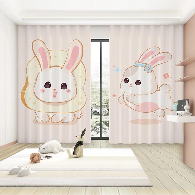 Trendy Cartoon Cute Style High Blackout Curtains Pink Bunny Girl Princess Bedroom Living Room Window Shading Curtain 2 Pieces