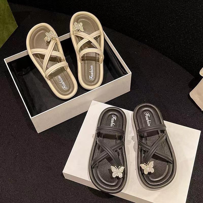 Cool slippers women's summer fashion wear butterfly diamond shining versatile princess style toe slippers