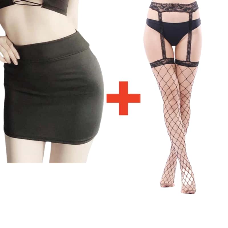 2PCS/SET Women High Waist Pencil Mini Skirts+Stockings Dress Set,Sexy Casual Wrap Hips Black Short Skirt and Pantyhose