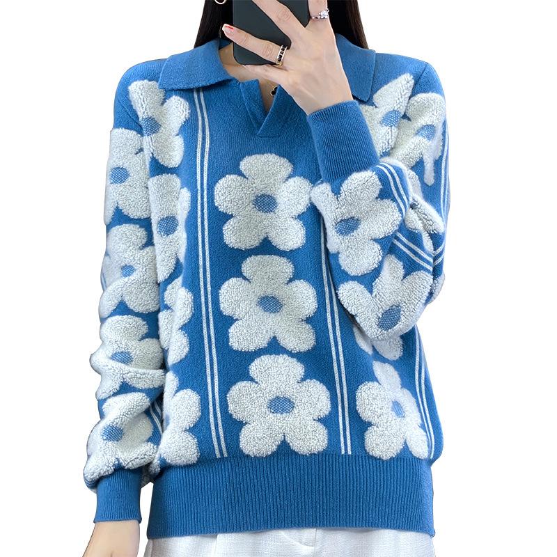 Lapel Contrasting Thickened Cardigan for Women In Autumn and Winter New Style Flower Jacquard Wool Sweater Fashionable and Versatile Base Shirt