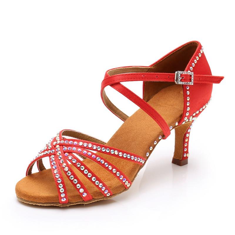 

Обувь для латинских танцев с бриллиантами для женщин и девочек, бальные танцевальные туфли для вечеринок и тренировок с мягкой подошвой на каблуке 7 см 36 красный