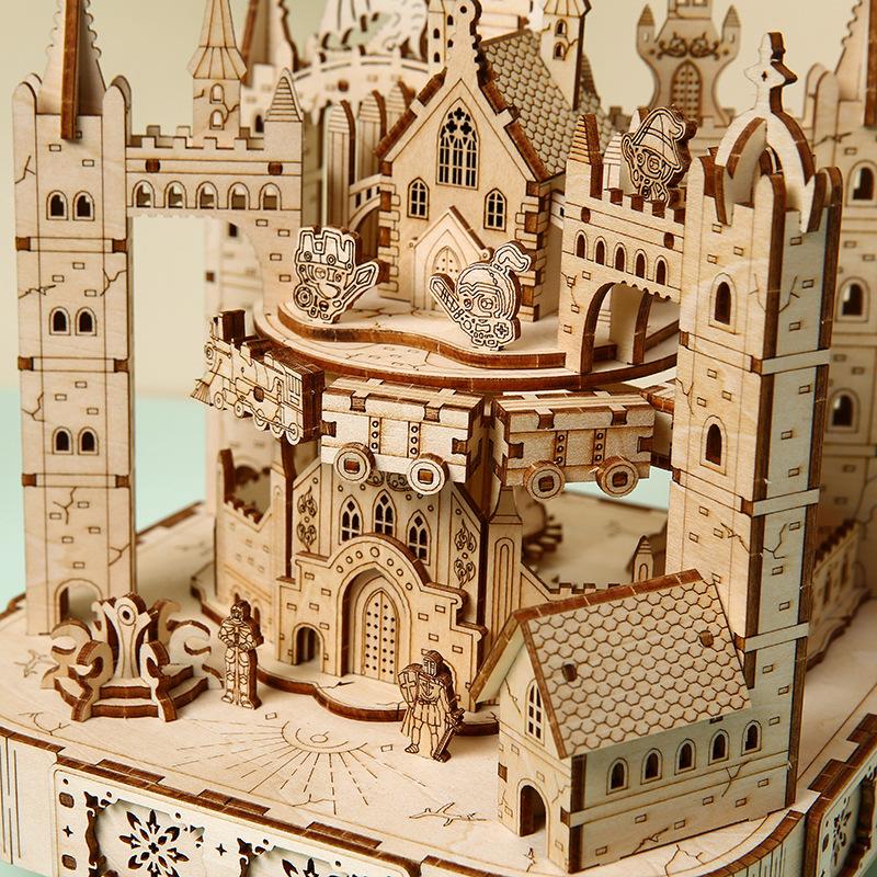 3D Wooden Puzzle Musical Octagonal Box Rotatable Touring Train Castle Model Mechanical Kit Decor DIY Toy Gift for Kid Adult