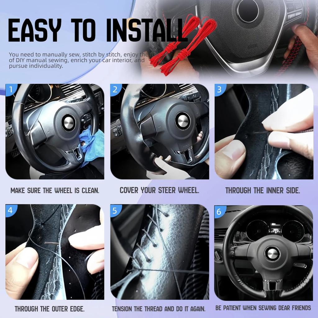 DEEYOTA Car Steering Wheel Cover Universal Fit Round Stitch Steering Wheel Wrap Thin PU Leather Steering Wheel Cover Sewn On 15" Car Wheel (Black)