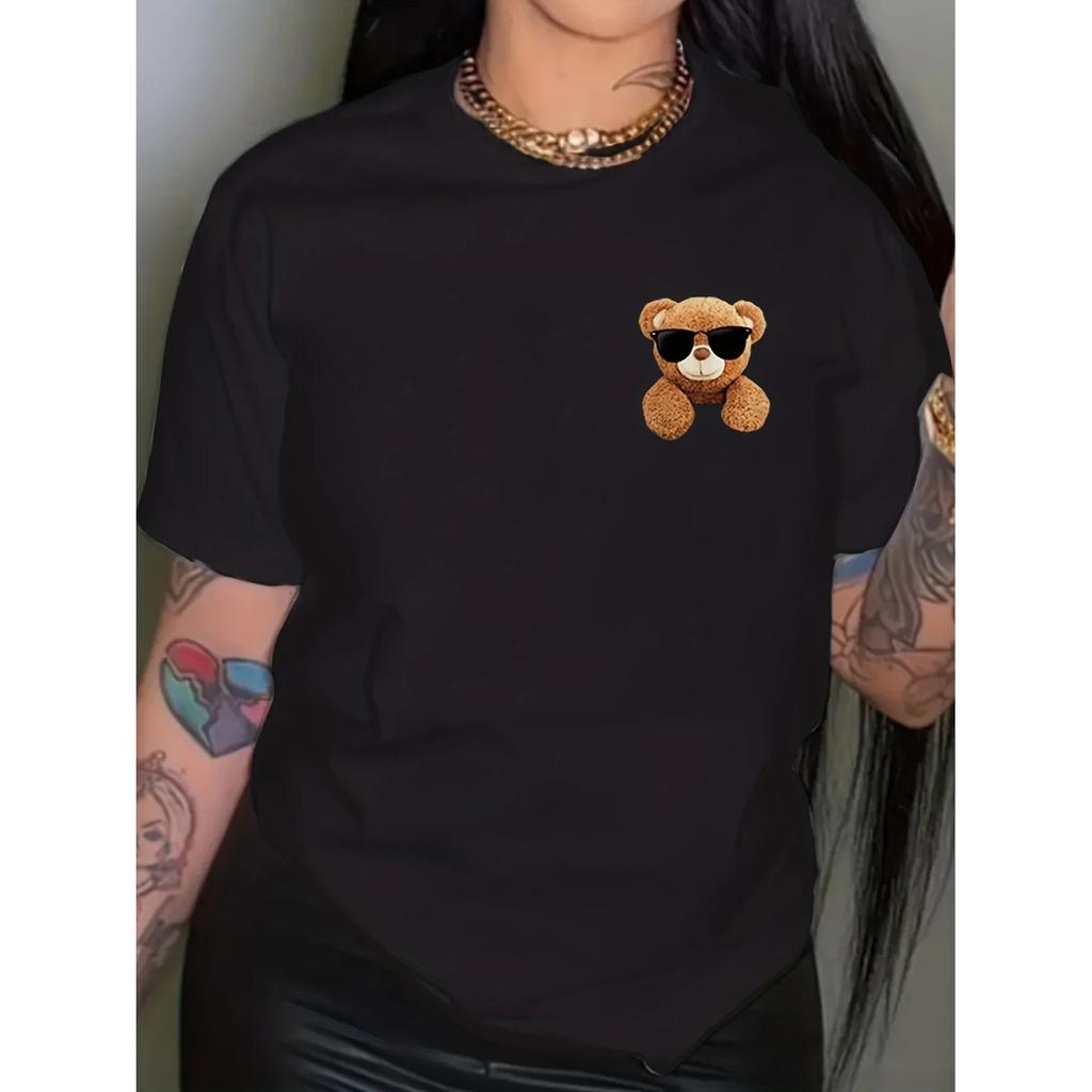 Women's Bear Print T-Shirt Cute and Comfortable Short Sleeve Top for Spring and Summer