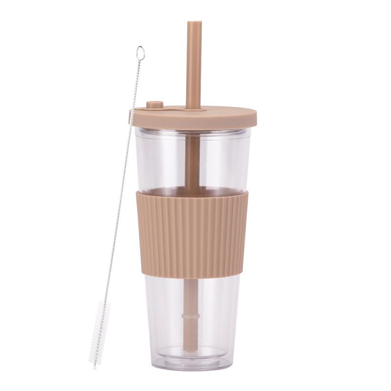 2025 Large Capacity Double Layer Plastic Cup Large Hole Straw Pearl Boba Milk Tea Cup Portable Outdoor Straw Cup