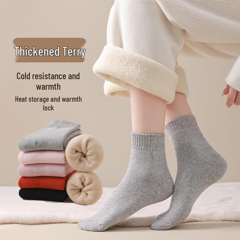 Women's Warm Autumn-Winter Mid-Calf Socks: Pure Cotton, Fleece-Lined, Thick, Heat-Retaining Sleep Socks