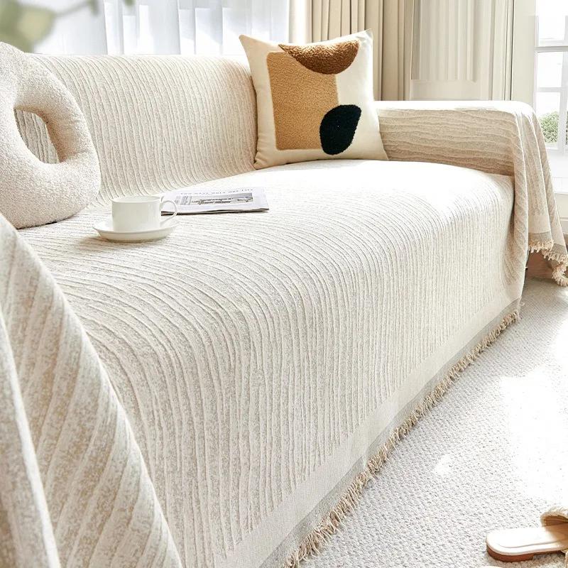 

Chenille Striped Sofa Throw Blanket with Tassels Anti-dust Double Sided Couch Towel Covers Picnic Blanket Travel Rugs Home Decor S 180x130cm 1pc