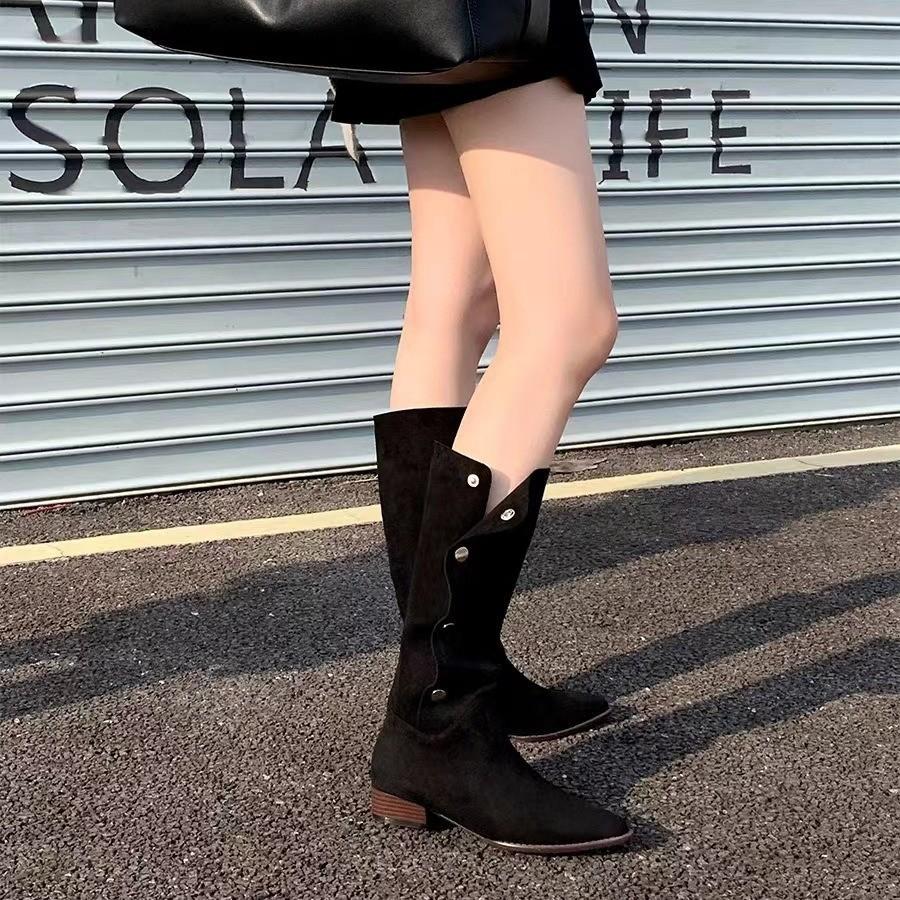 Cowhide~ Grape Mom same lapel pleated piled boots pointed mid-length western cowboy boots women's new autumn and winter models