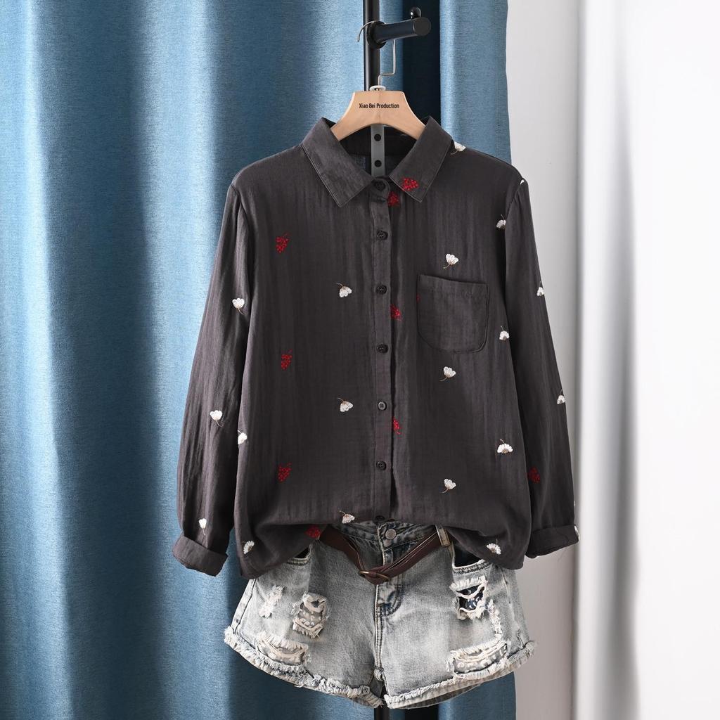 Double-Layer Gauze Floral Embroidered Long-Sleeve Autumn Shirt for Women