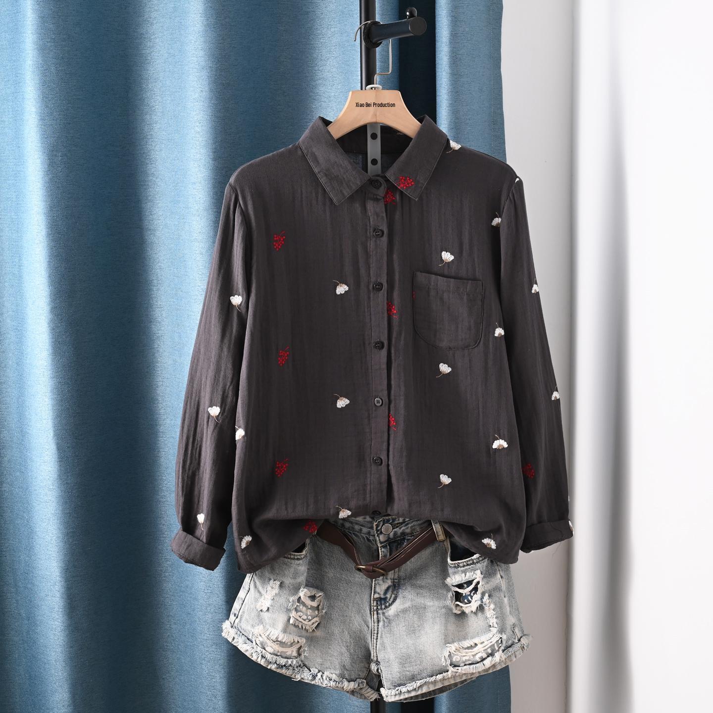 

Double-Layer Gauze Floral Embroidered Long-Sleeve Autumn Shirt for Women One Size