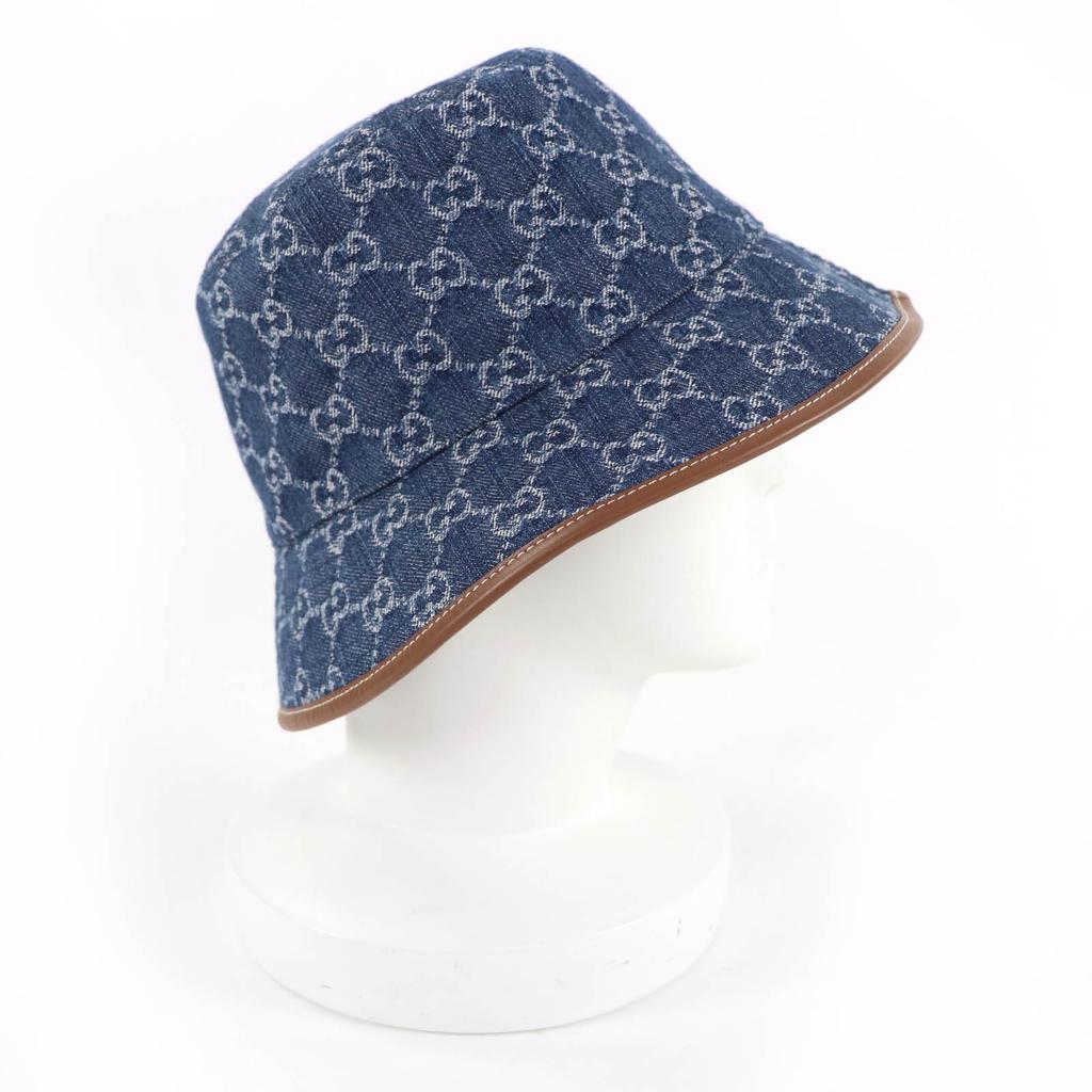 Pristine GUCCI hat GG Jacquard Lamb Leather Denim Bucket Hat Women L 816543 Used
